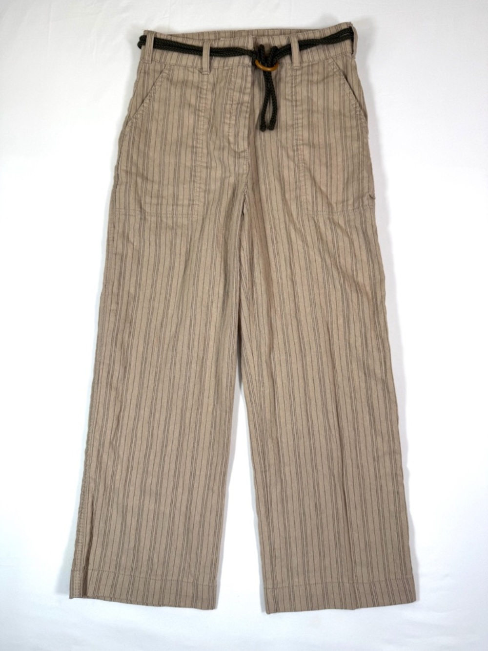 ZARA Girls Pants Size 10 Beige Striped Wide Leg Drawstring Casual Minimalist